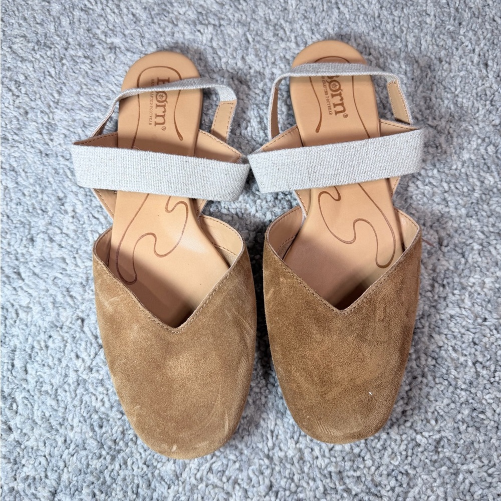 Born Tan Suede Slip-On Mules with Cream Elastic Strap